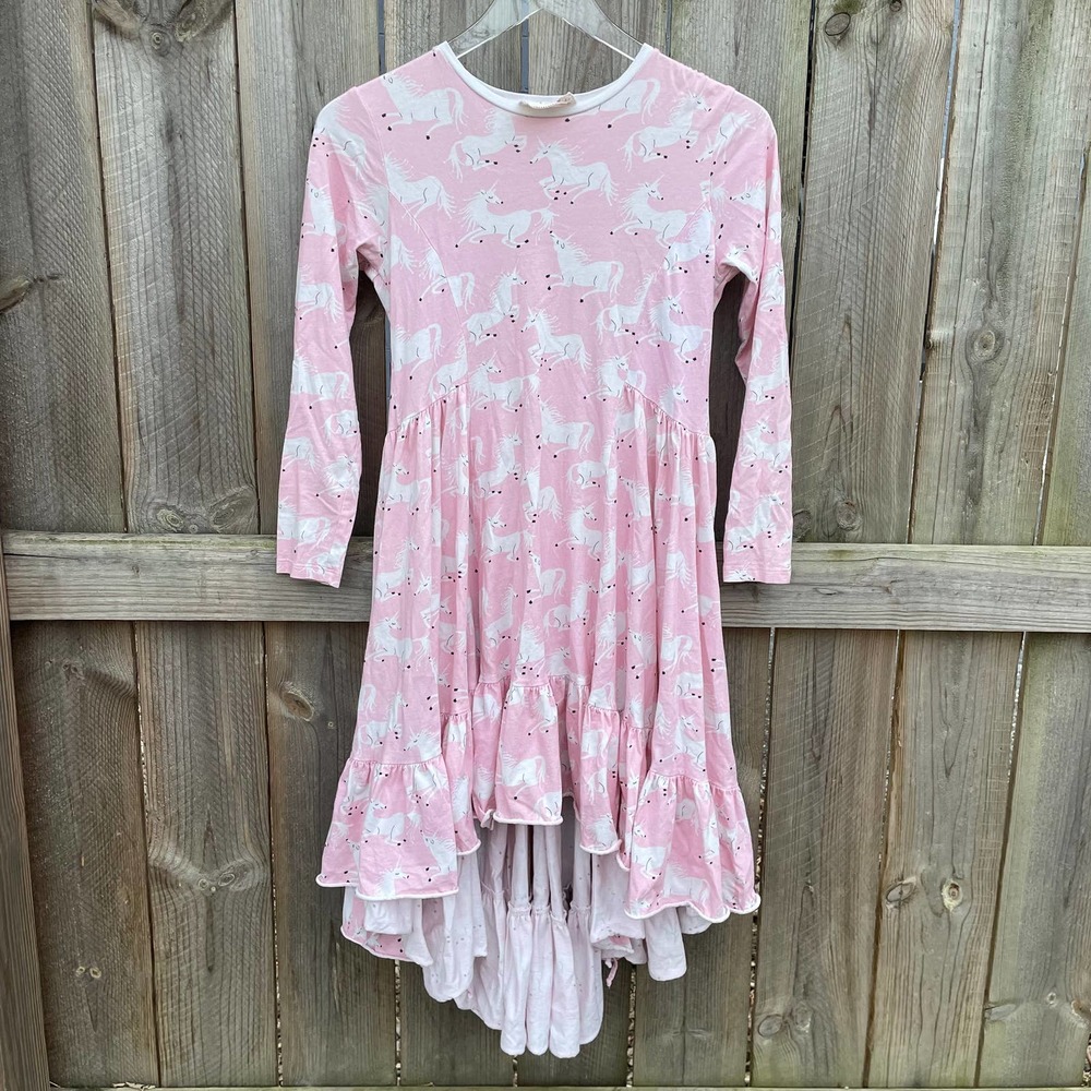 Paper Wings Unicorn Print Tiered Swing Dress Girls Kids 3/4 Sleeve Pink Size 12